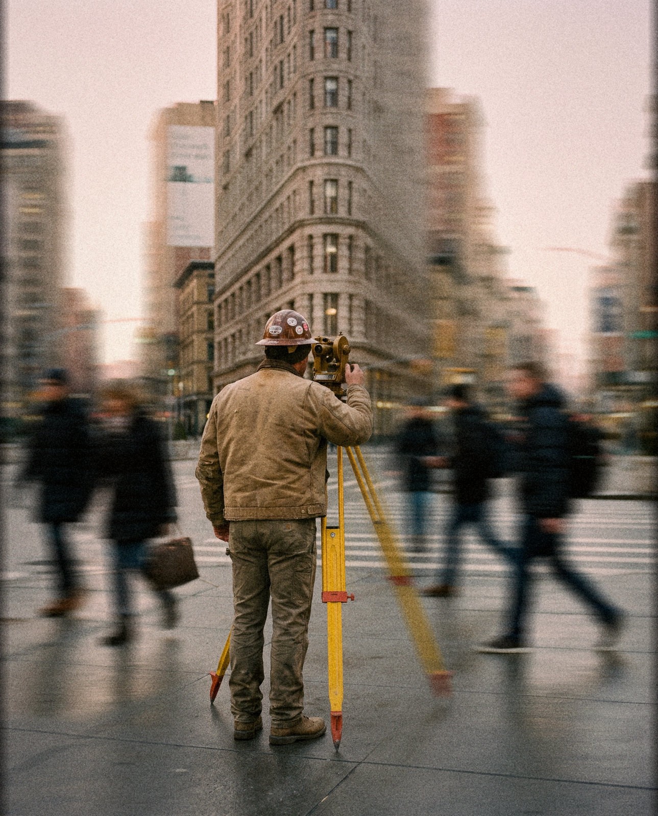 A surveyor takes measurements near the Flatiron Building as the morning rush moves around him