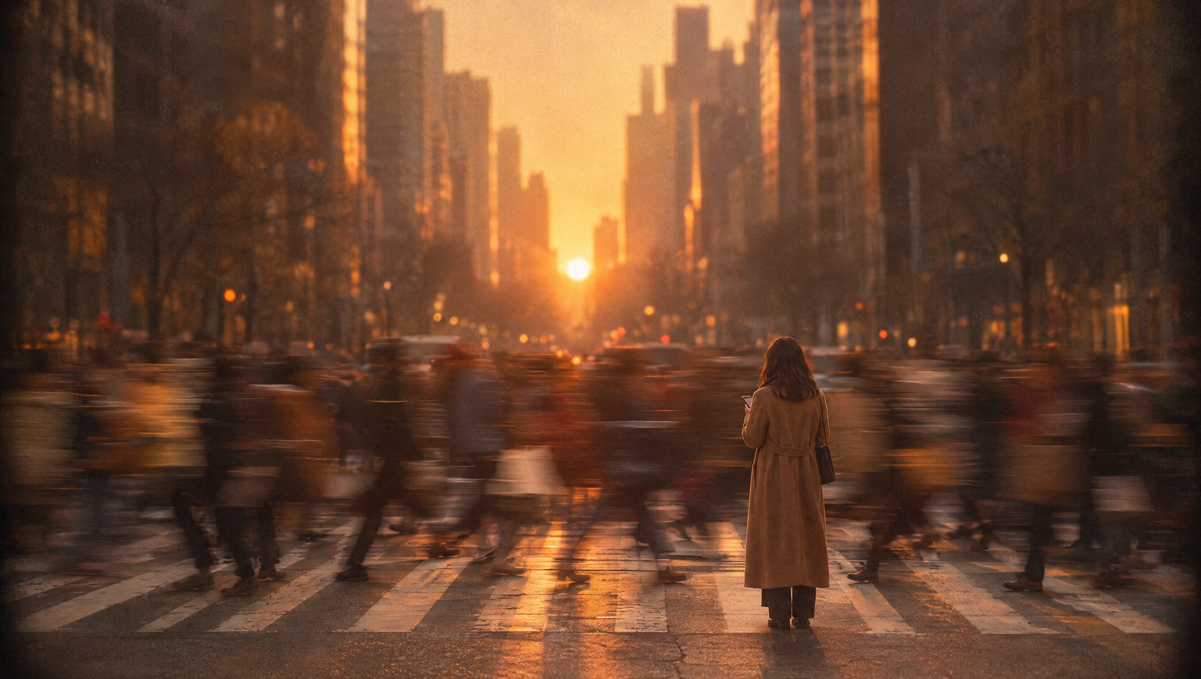 Een vrouw staat stil op een zebrapad in New York bij zonsondergang, terwijl de menigte om haar heen in beweging vervaagt