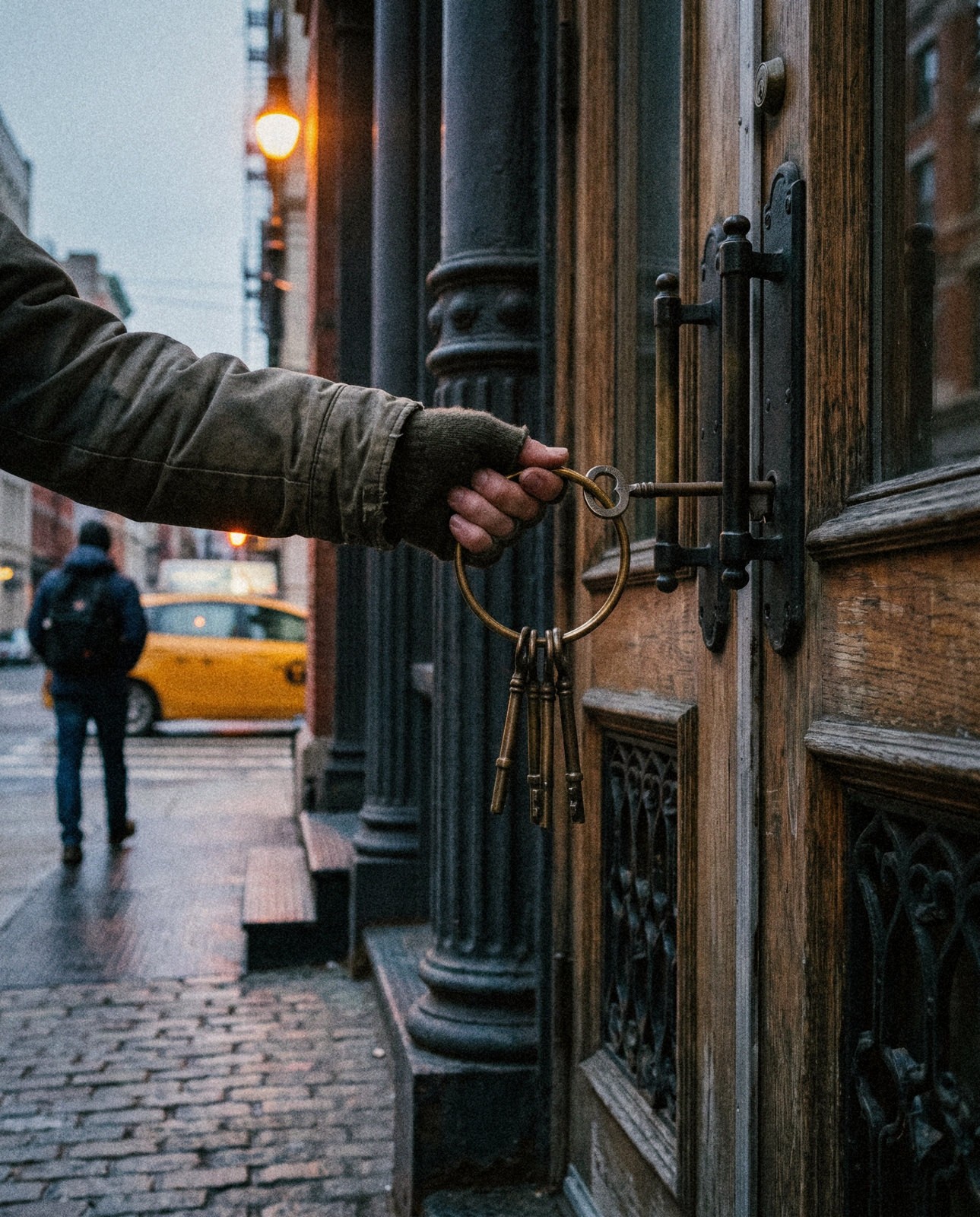 A hand holding a large set of keys opens a shop door in SoHo in the morning