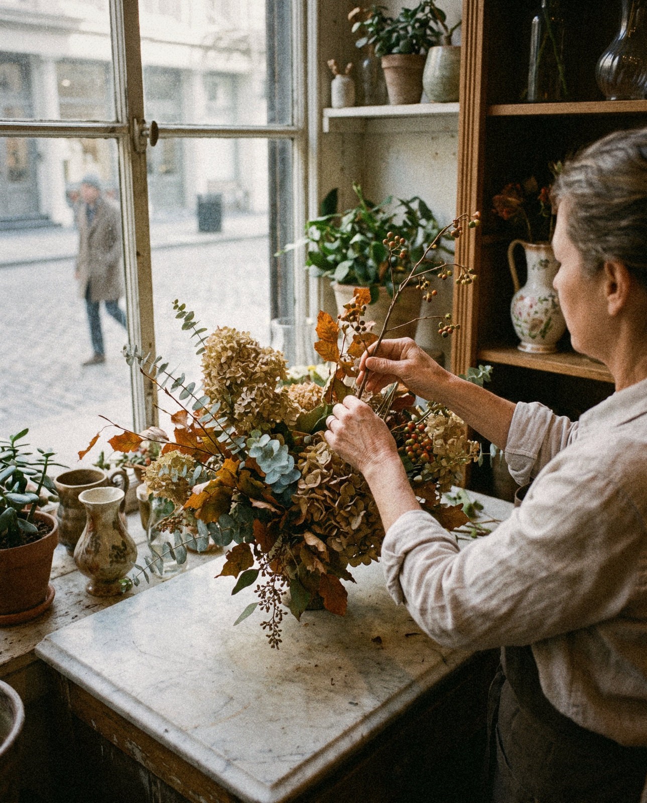 A florist in Tribeca puts the finishing touches on a large bouquet